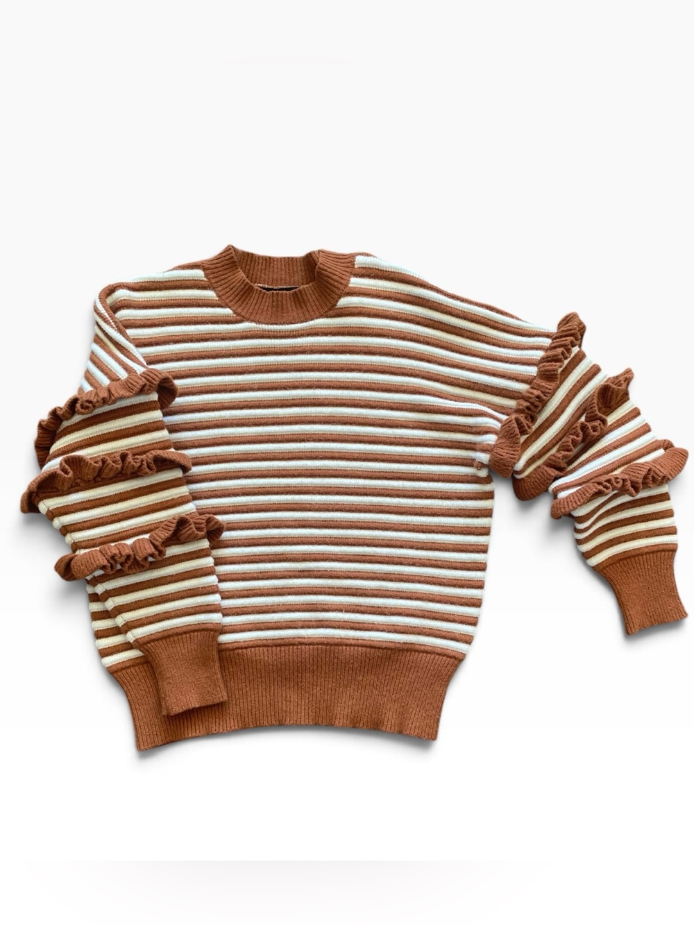 English Factory XS Striped Ruffle Sleeve Sweater Rust Cream Statement Knit